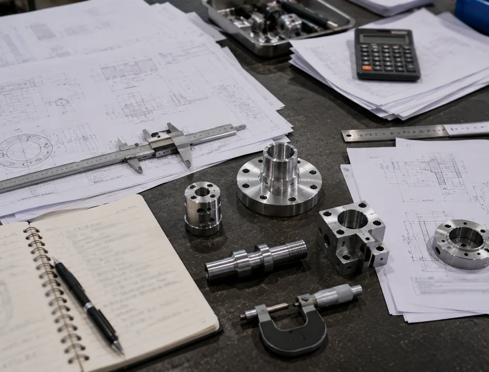 Engineering drawings, machined reference parts and measuring tools prepared for an enquiry review